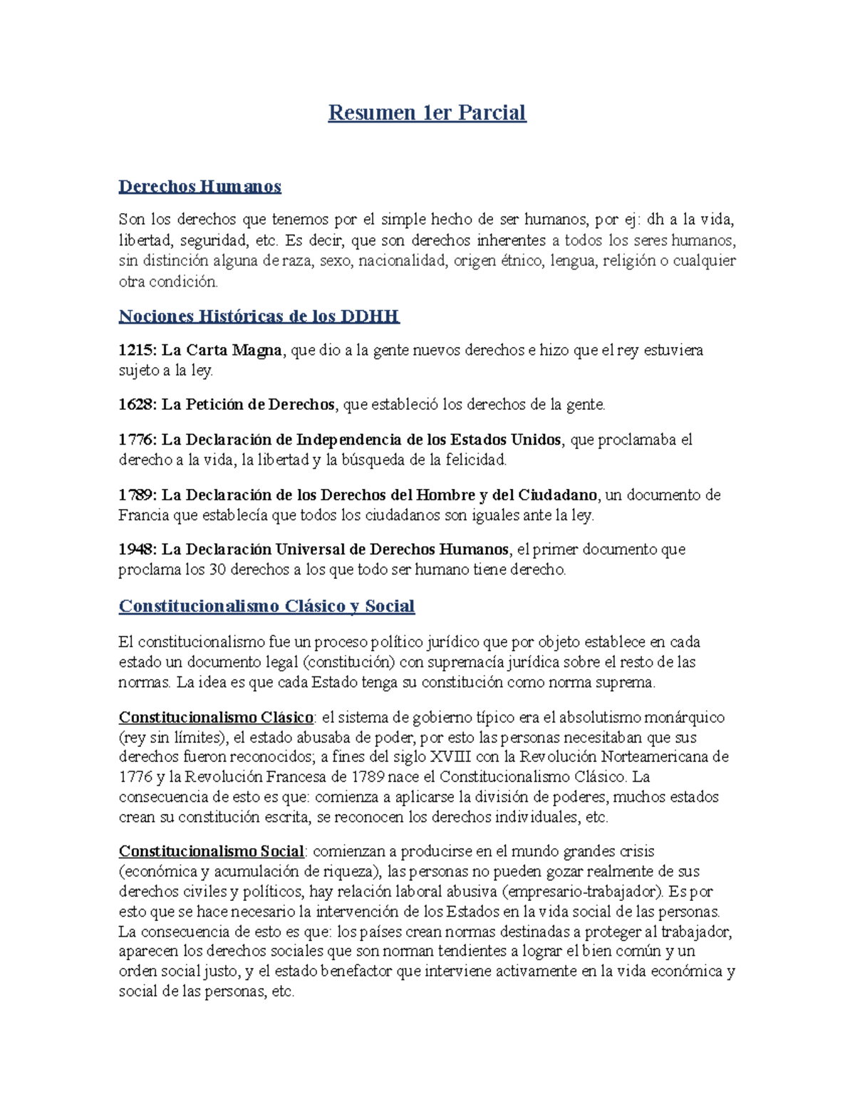 Resumen 1er Parcial - Resumen 1er Parcial Derechos Humanos Son Los ...