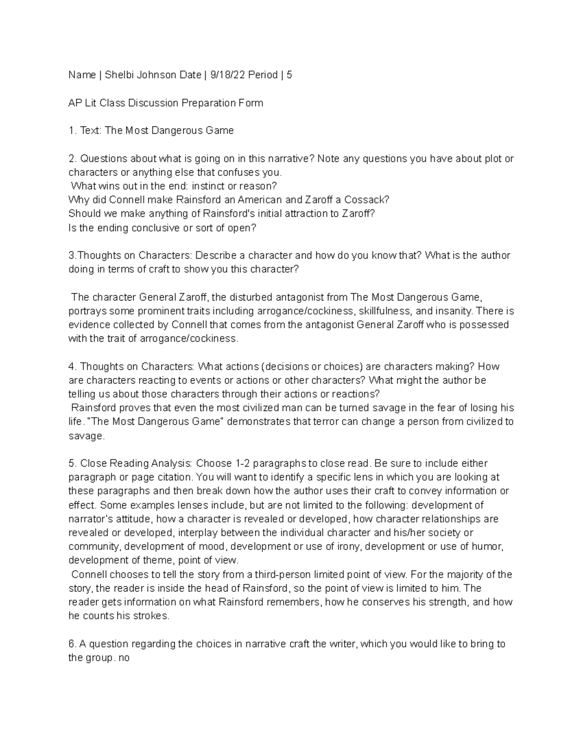 Ap disscussion - Notes for assignment - Name | Shelbi Johnson Date |  9/18/22 Period | 5 AP Lit Class - StuDocu