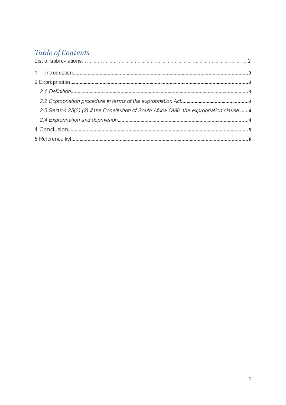 Expropriation in terms of section 25 - Table of Contents List of - Studocu