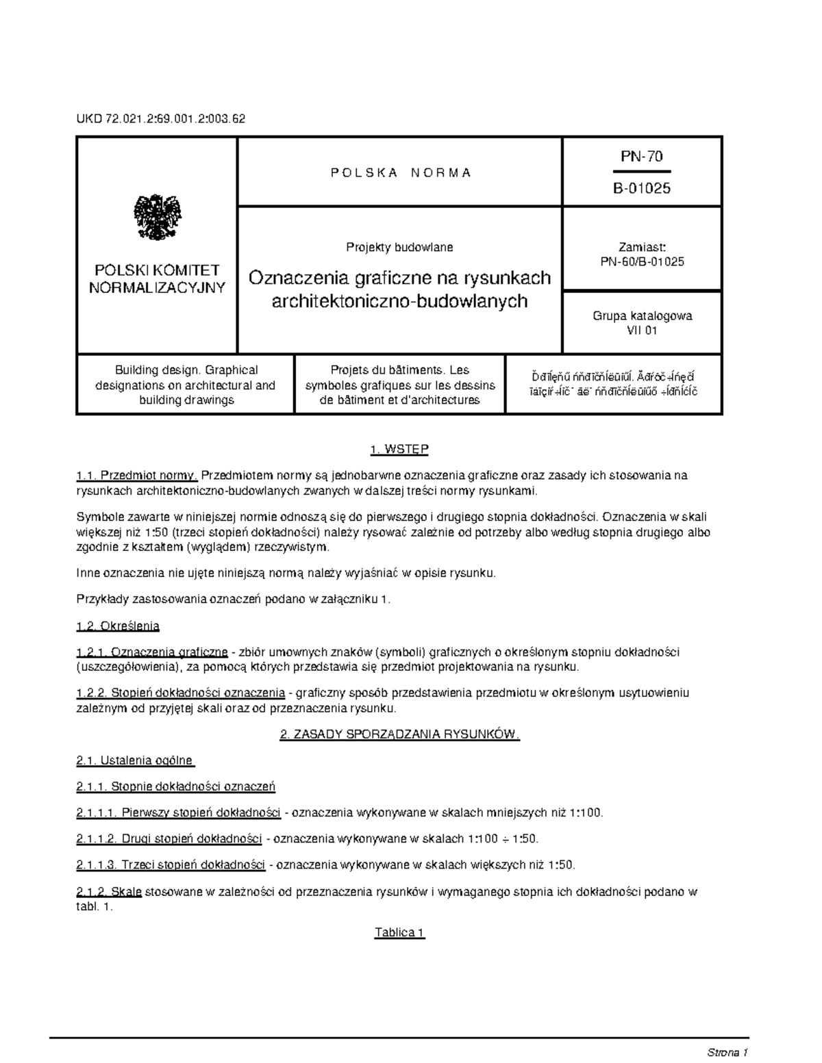 PN 70 B 01025 Oznaczeniagraficznenarysunkacharchitektoni - UKD 72.021 ...