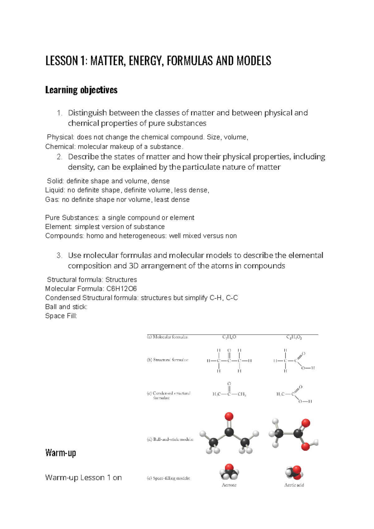 Lesson 1 Matter, Energy, Formulas AND Models - LESSON 1: MATTER, ENERGY ...