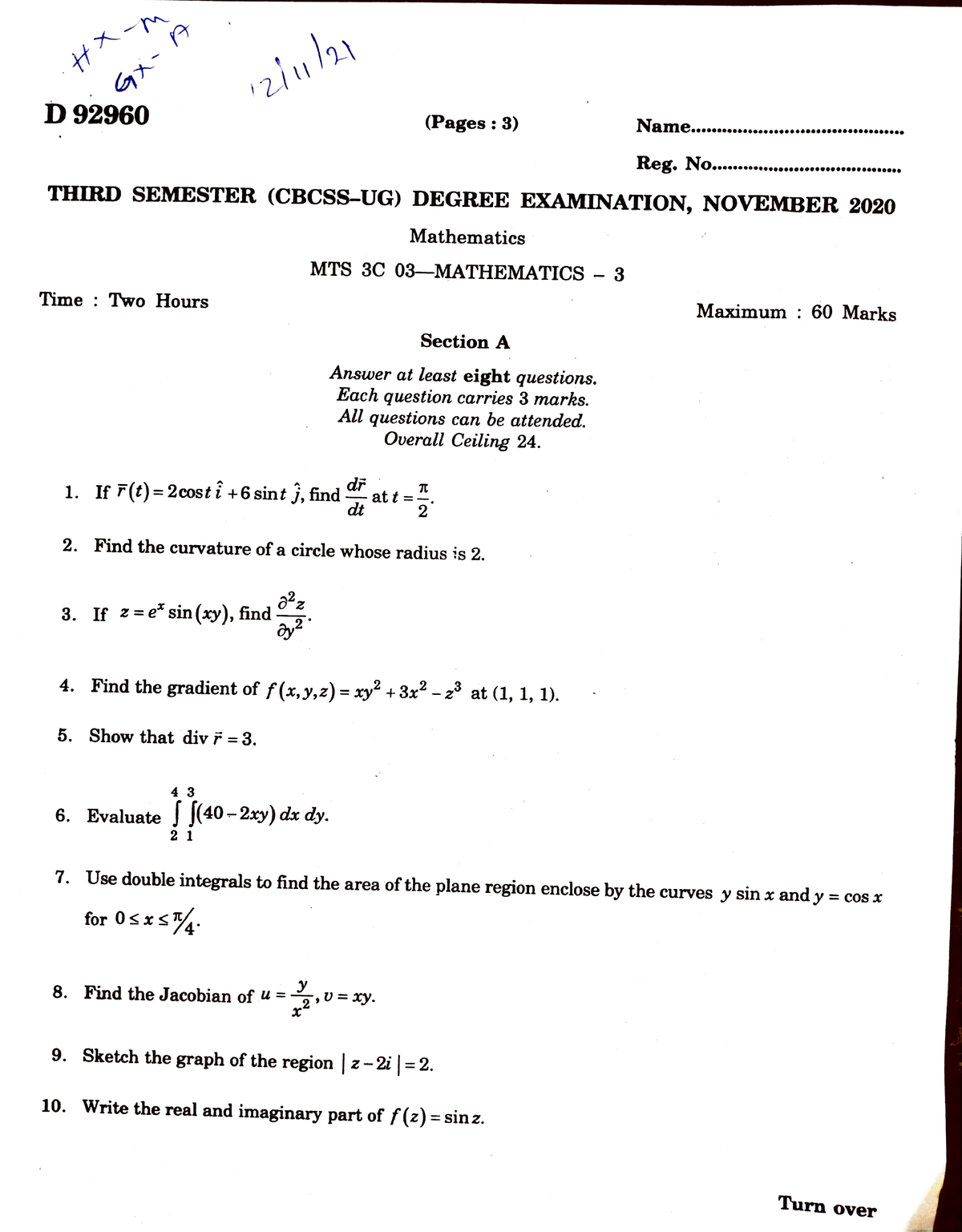 Mathematics -3 2020 November - 221 D 929600 (Pages: 3) Name... Reg. NO ...