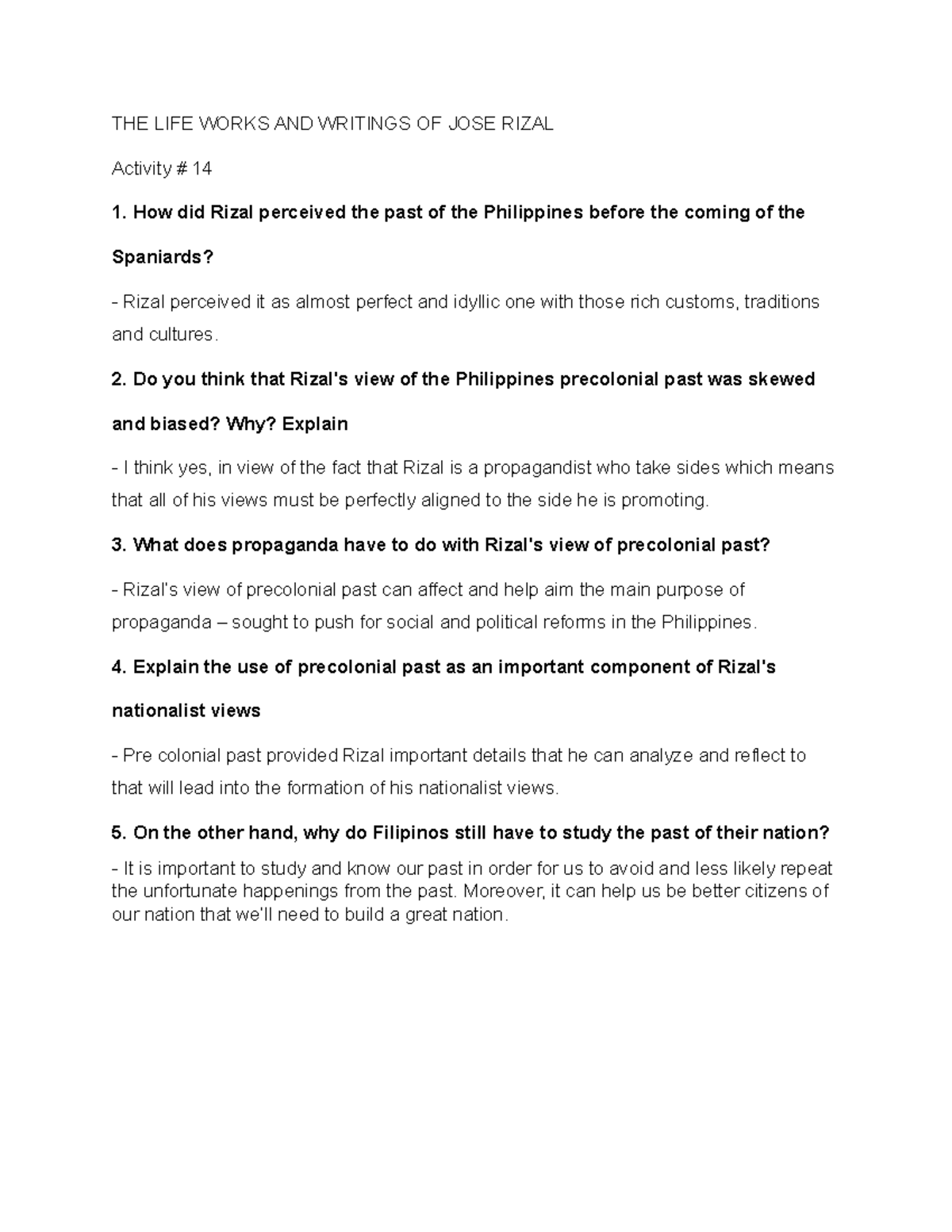 R14 - R14 RIZAL - THE LIFE WORKS AND WRITINGS OF JOSE RIZAL Activity ...