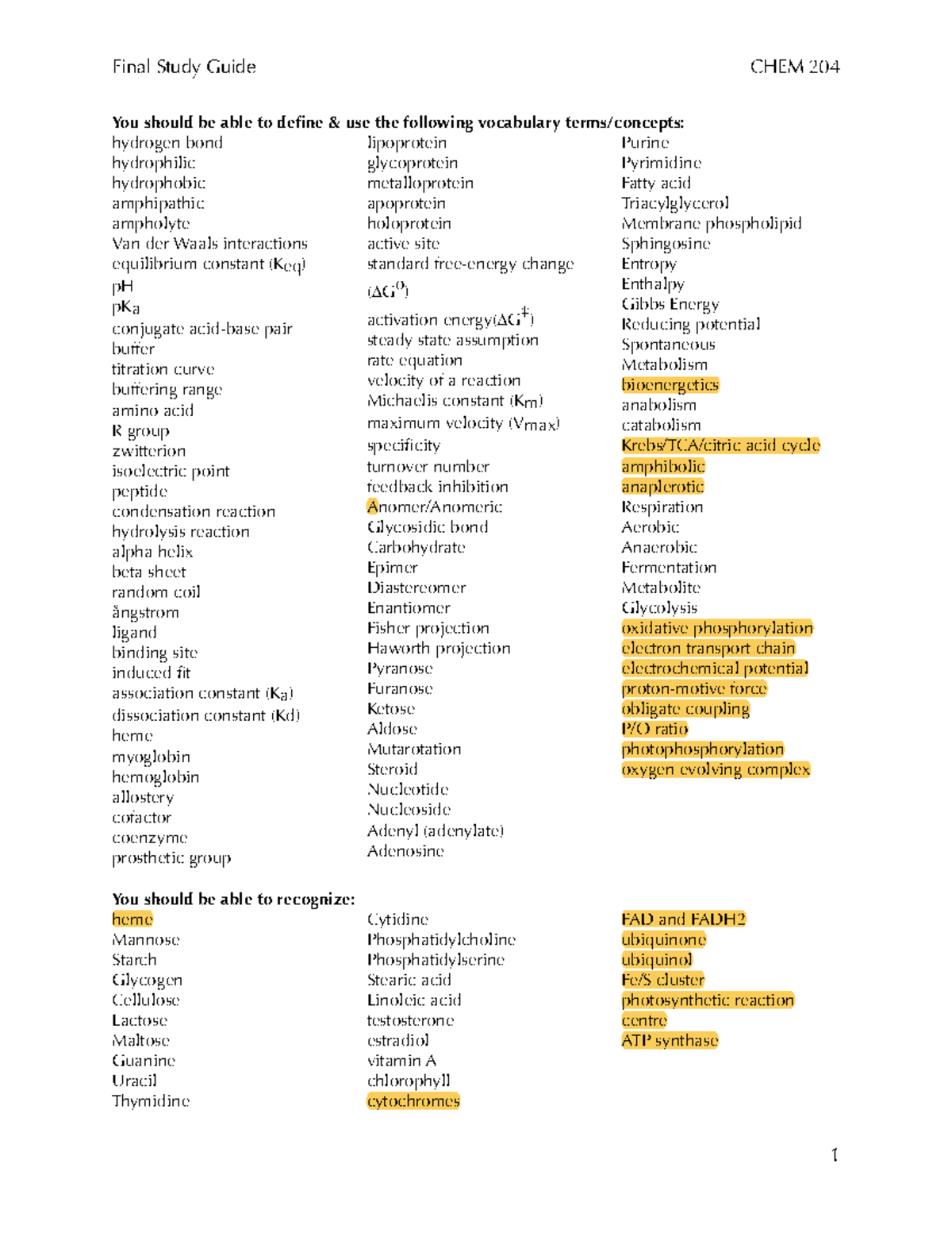 Study Guide Final copy - List of needed terminology, equations and ...
