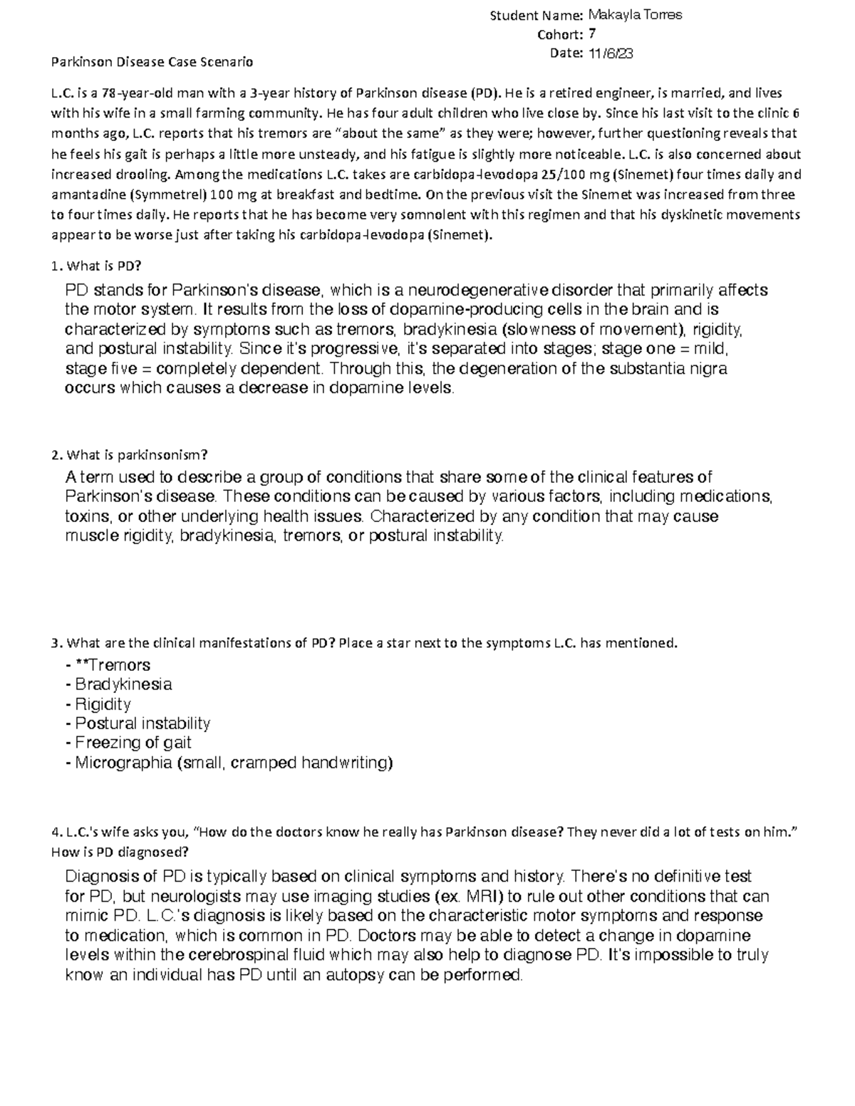 Parkinson Disease Case Study Parkinson Disease Case Scenario L. is a