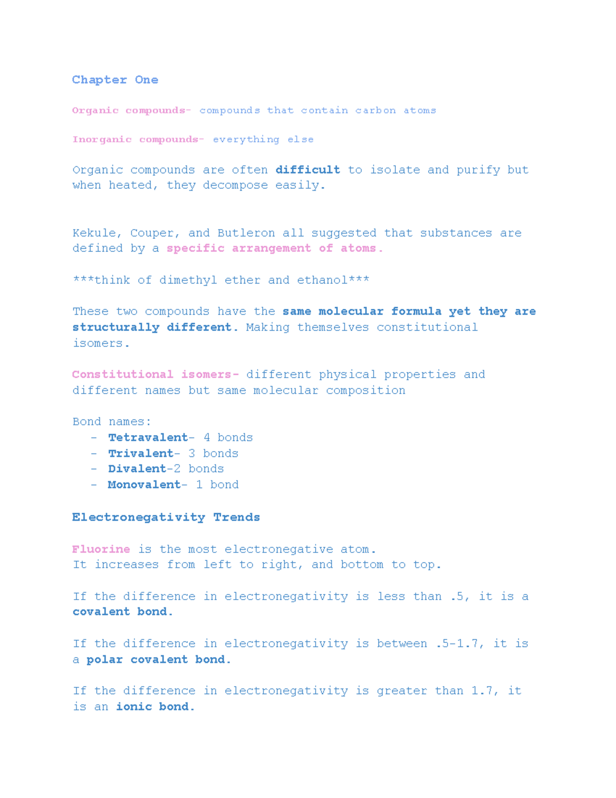 Chem Notes Unit 1 - Chapter One Organic compounds - compounds that ...