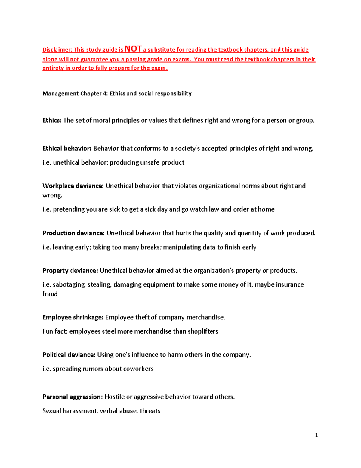 Chapter 4 Study Guide - Principles Of Management - Disclaimer: This ...