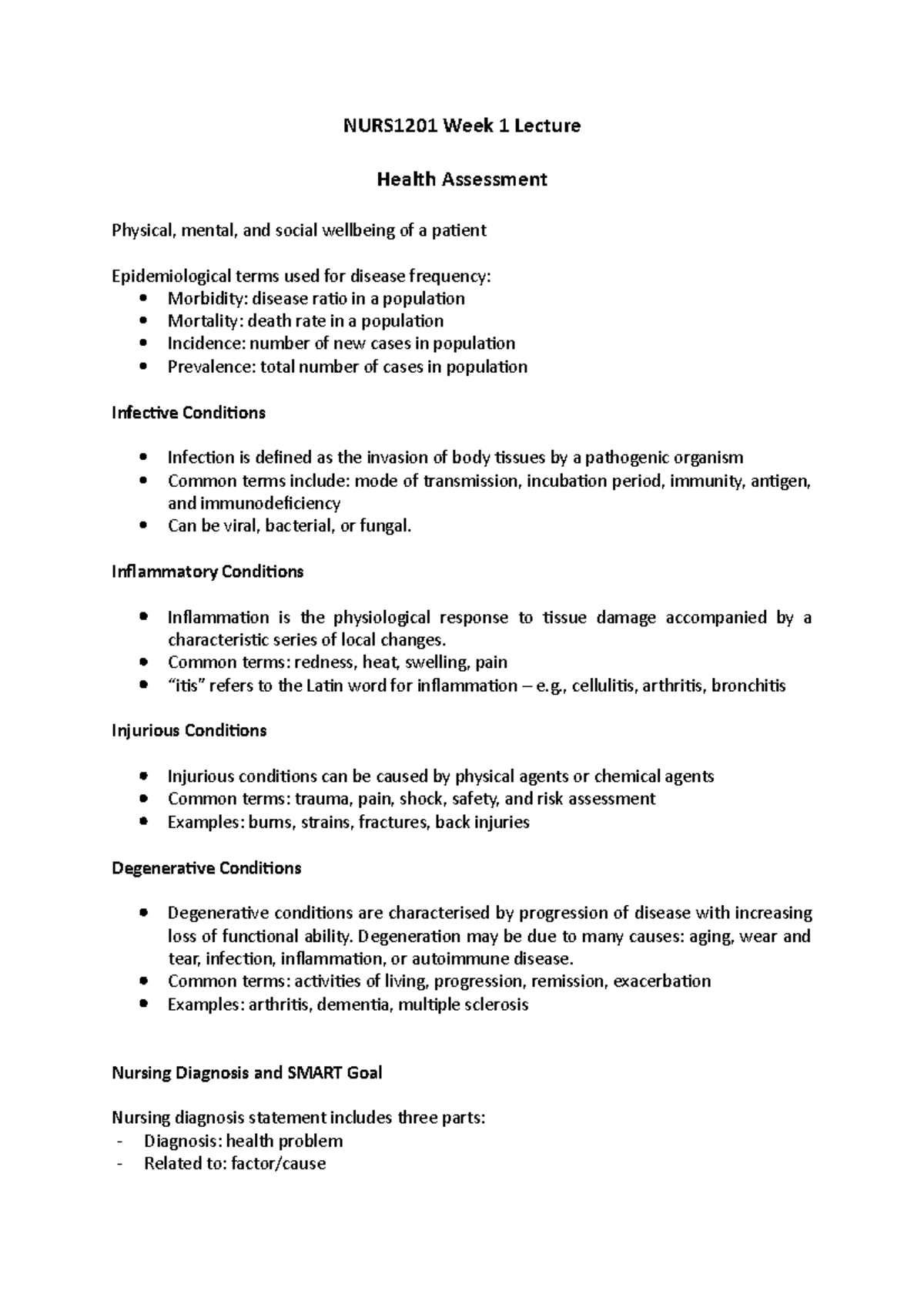 NURS1201 Week 1 Lecture - NURS1201 Week 1 Lecture Health Assessment ...