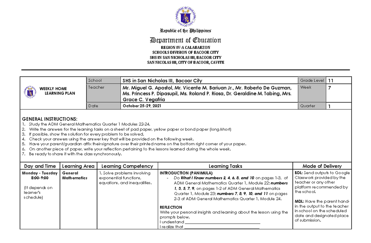 Quarter 1 Week 7 WHLP General Mathematics - Republic of the Philippines ...