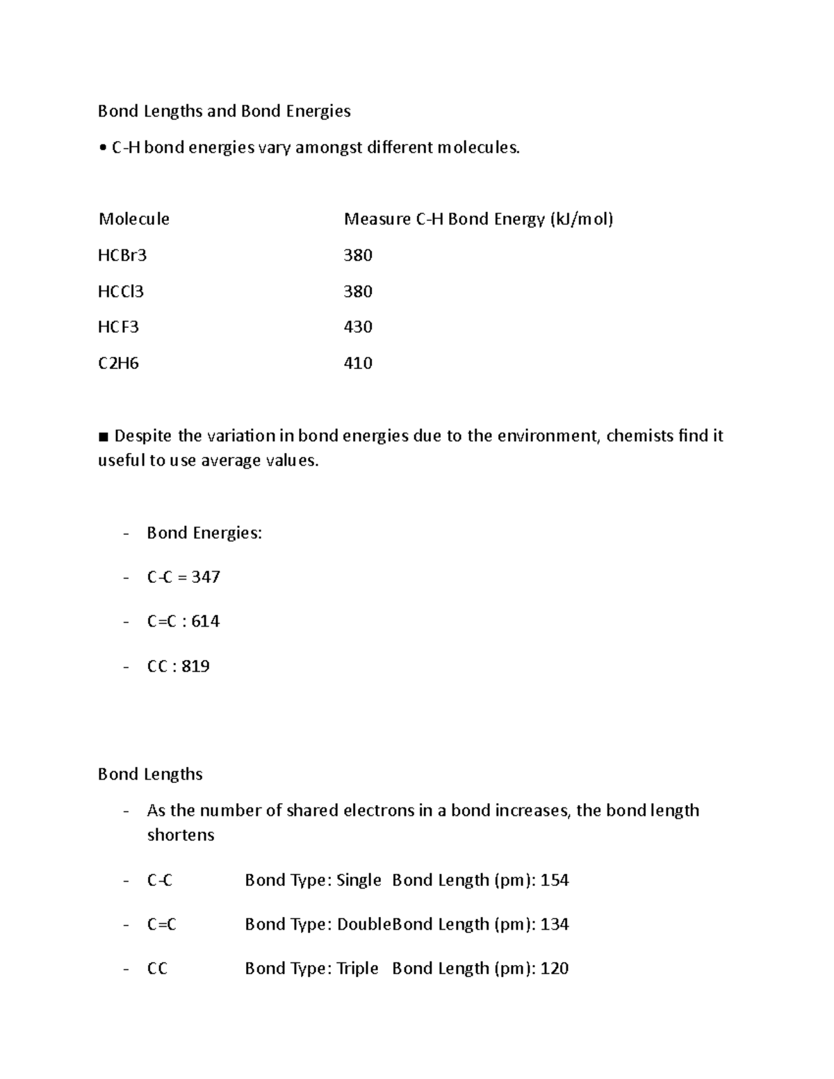 250 - Bond Lengths and Bond Energies - Bond Lengths and Bond Energies C ...
