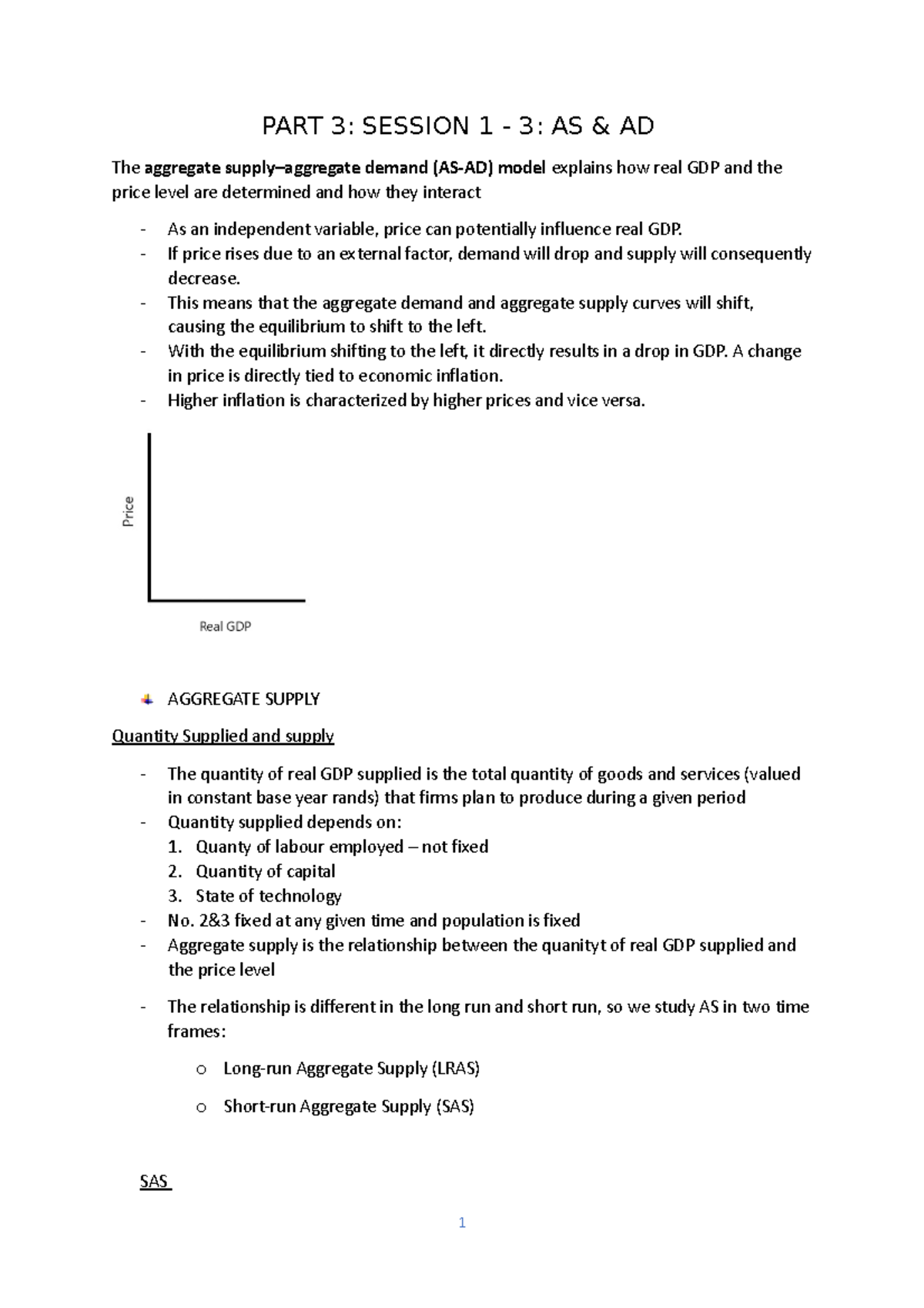 Session 1-3 Notes - PART 3: SESSION 1 - 3: AS & AD The aggregate supply ...