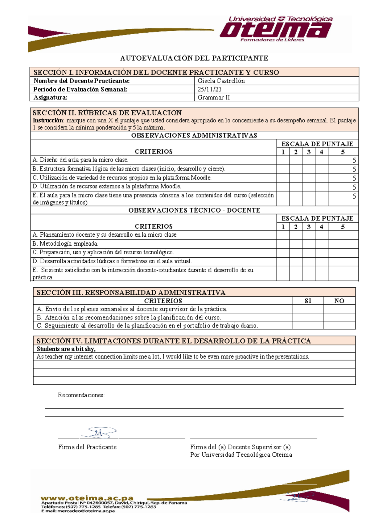 Rúbrica de Autoevaluación Semanal del Docente Practicante (3) - copia ...