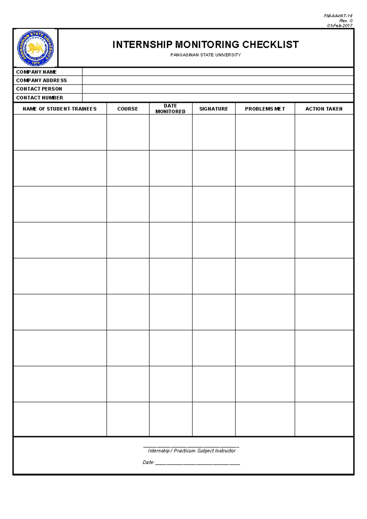 14 Internship Monitoring Checklist 2 - Bachelor of Science in ...