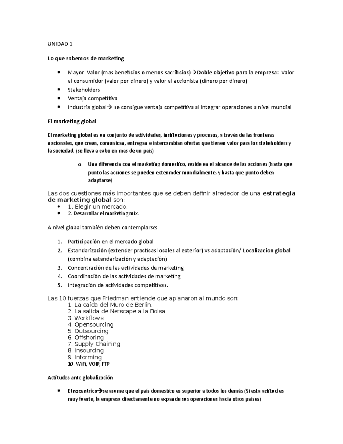 Resumen final mkt global - UNIDAD 1 Lo que sabemos de marketing Mayor ...