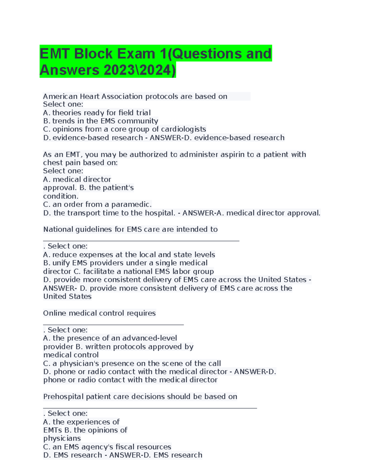 West Coast EMT Block Exam - American Heart Association protocols are ...