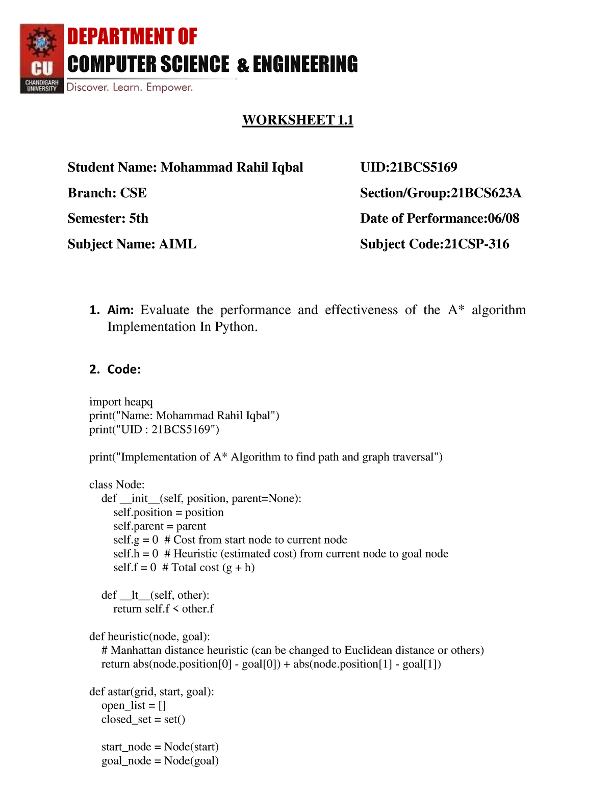 Artificial Intelligence Worksheet 1 - DEPARTMENT OF COMPUTER SCIENCE ...