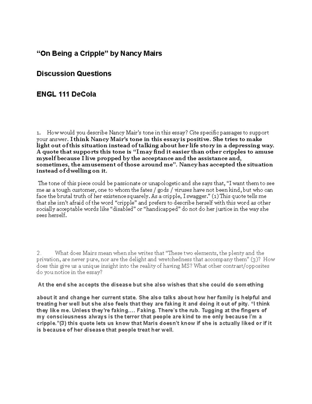 “On Being a Cripple” by Nancy Mairs “On Being a Cripple” by Nancy