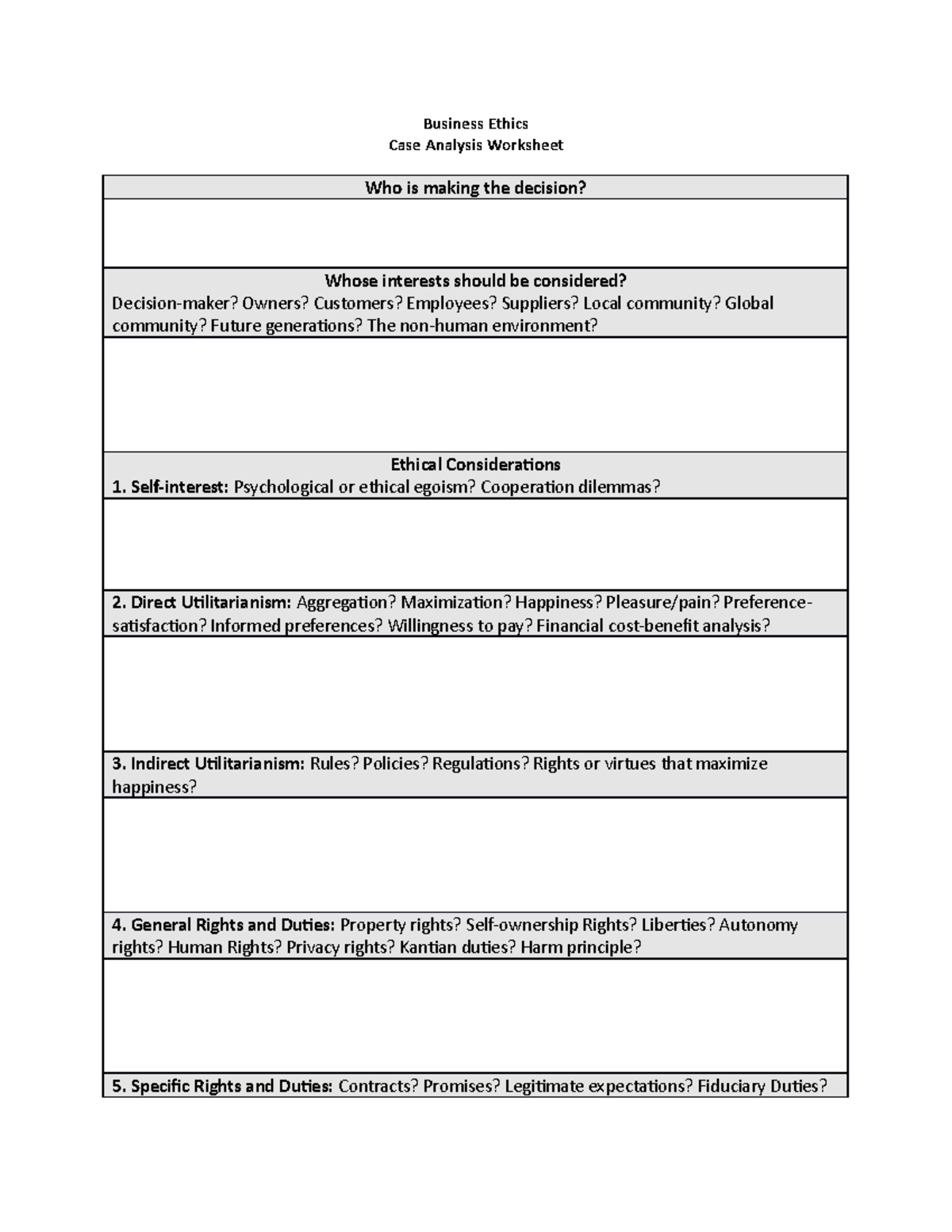 CaseAnalysisWorksheet Business Ethics Case Analysis Worksheet Who