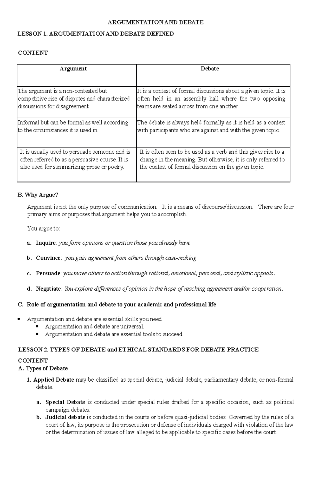 Argumentation AND Debate 1TO4 - ARGUMENTATION AND DEBATE LESSON 1 ...