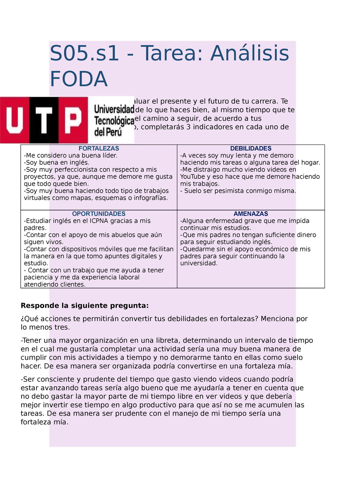 IVU Actividad S Tarea Análisis FODA El Análisis Foda te permite evaluar el presente y