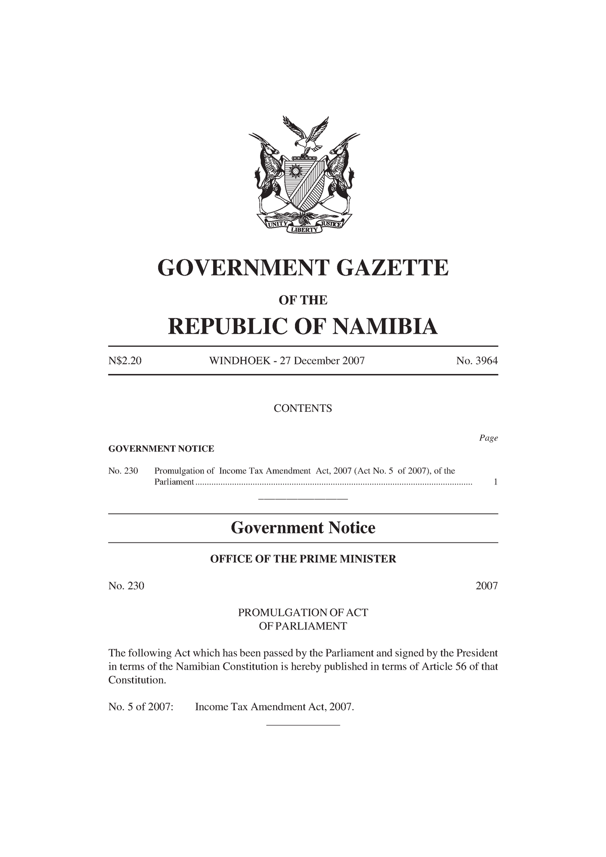 TAX Amendment ACT 5 OF 2007 (3964) No. 3964 Government Gazette