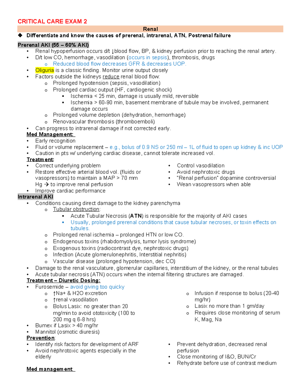 CC-EXAM 2 Guide - N/A - CRITICAL CARE EXAM 2 🩺💉 Renal Differentiate and ...