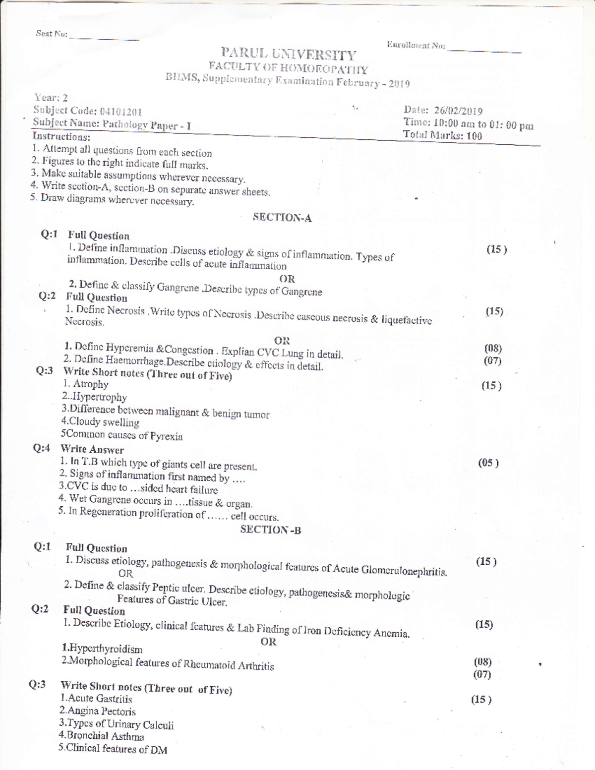 Pathology 1 Supplementary EXAM FEB 2019 - Seat No: Year: Subject Code ...