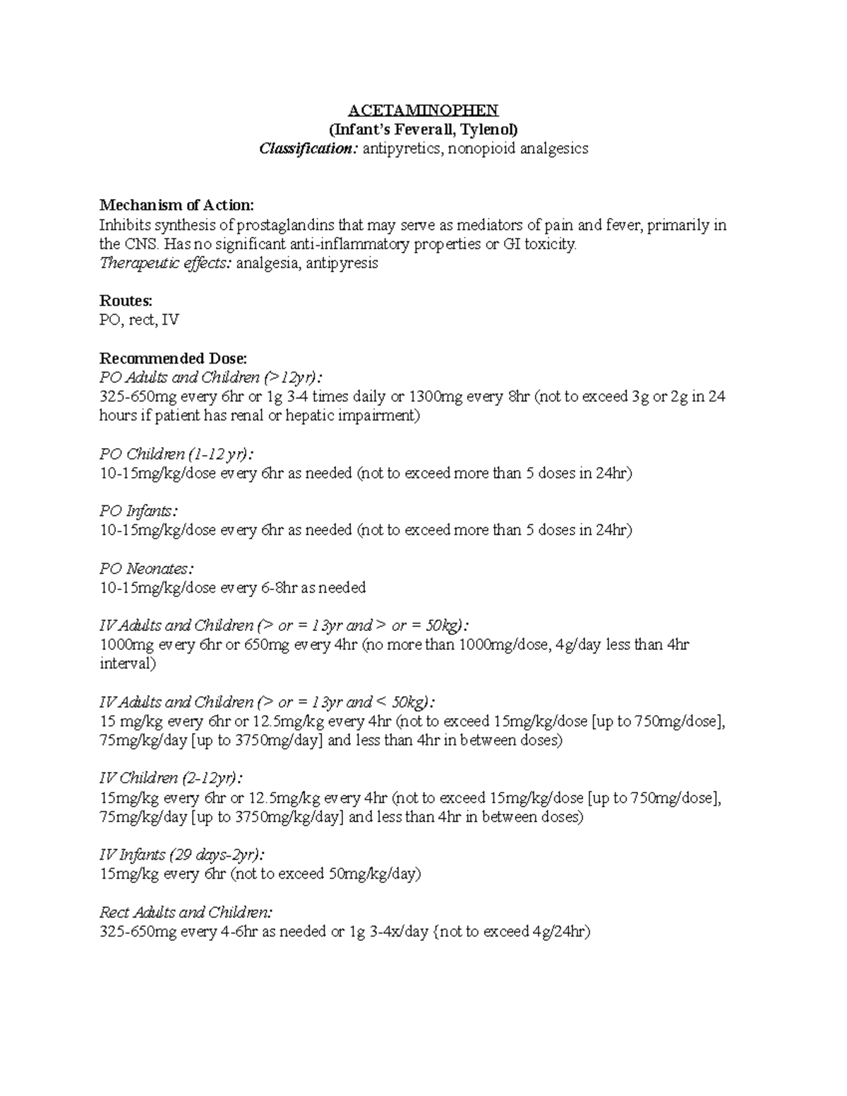 Pharm Tylenol Drug Card ACETAMINOPHEN (Infant’s Feverall, Tylenol