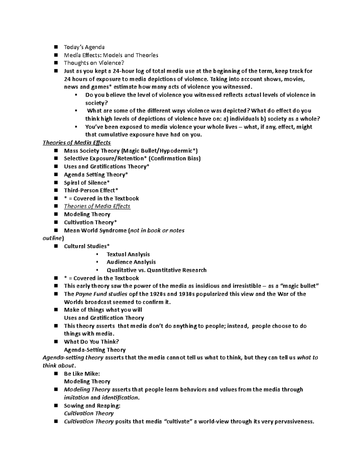 Media Theories and Effects Notes Outline - Today’s Agenda Media Effects ...