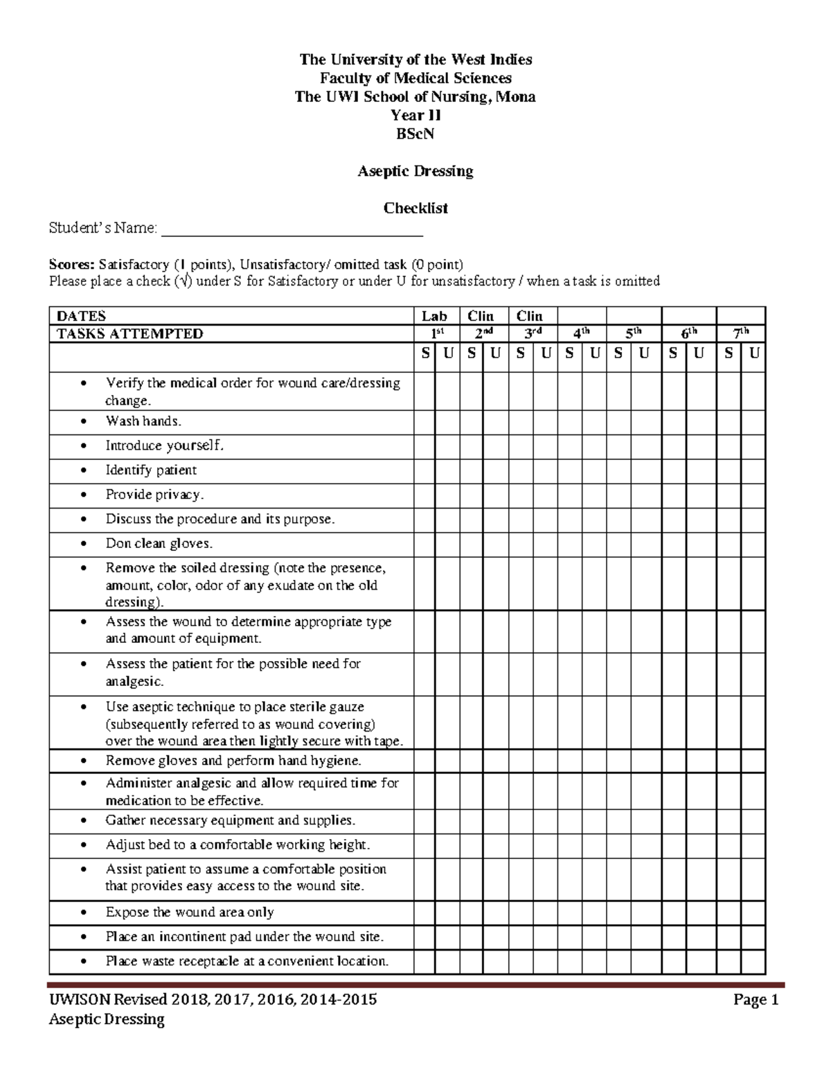 2018 Revised Checklist Aseptic Dressing - UWISON Revised 2018, 2017 ...