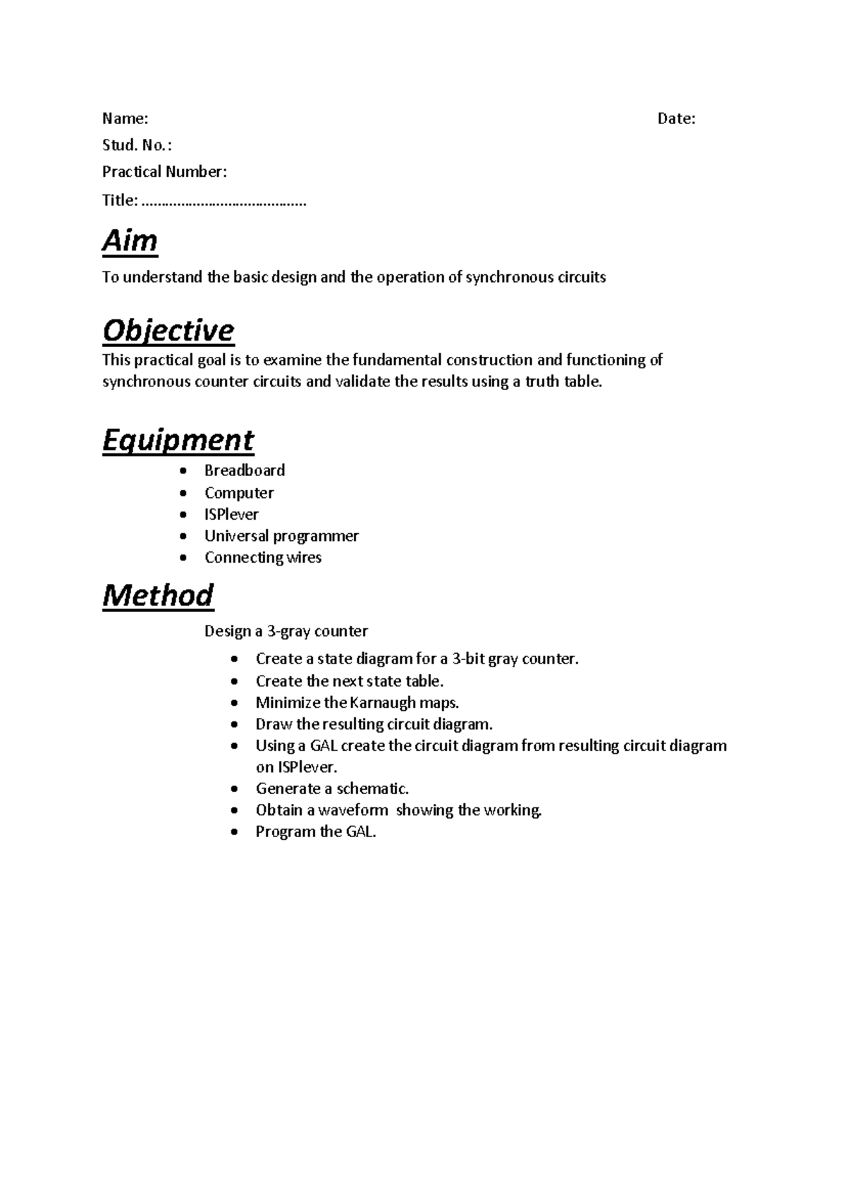 Example preparation report - Name: Date: Stud. No.: Practical Number ...