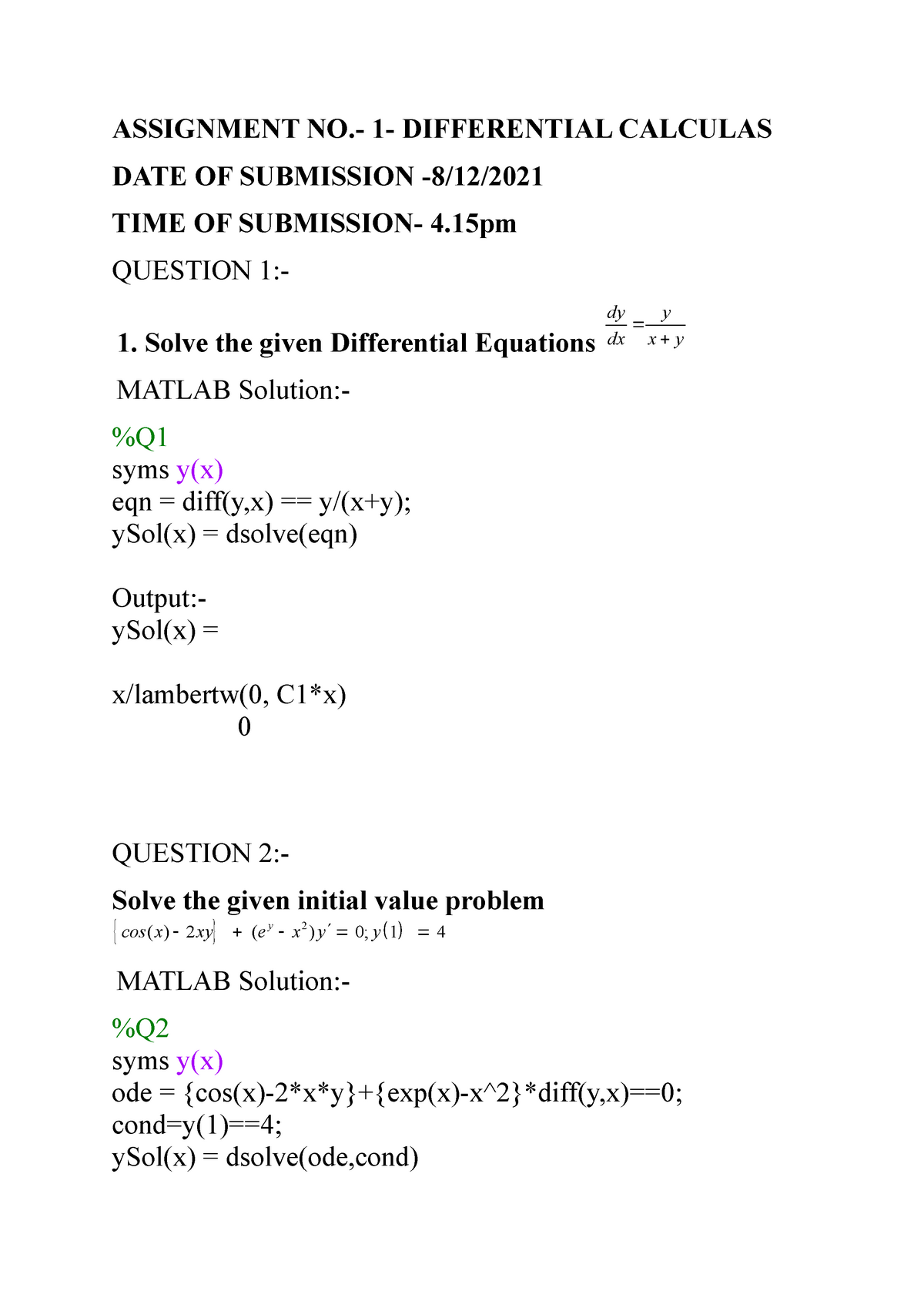 assignment matlab calculation