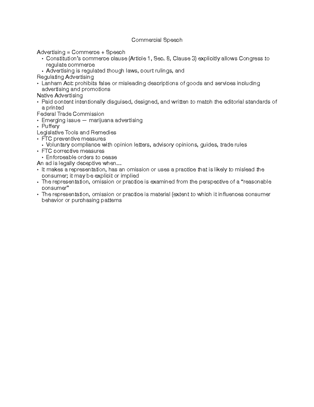 Commercial Speech Commercial Speech Advertising = Commerce + Speech Constitution’s commerce