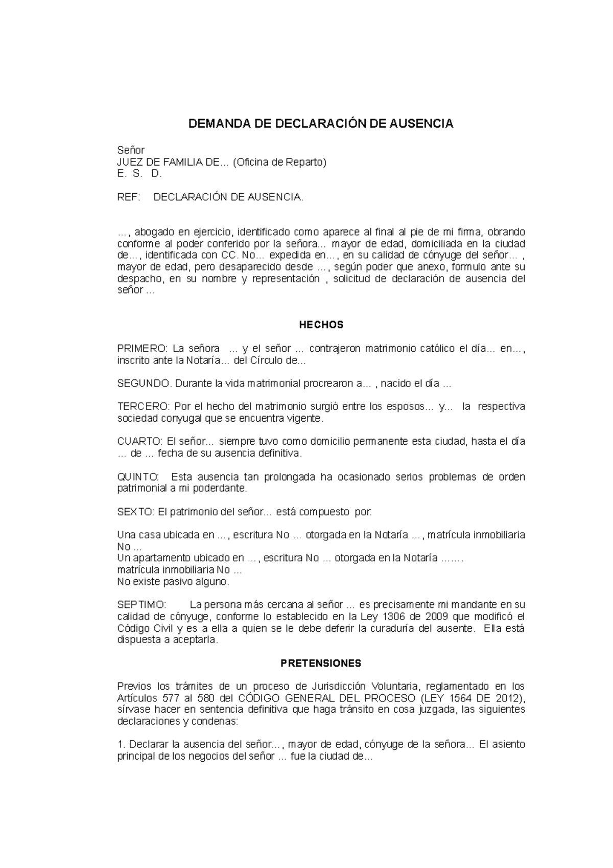 Declaracion DE Ausencia-LEY 1564 DE 2012 - DEMANDA DE DECLARACIÓN DE ...