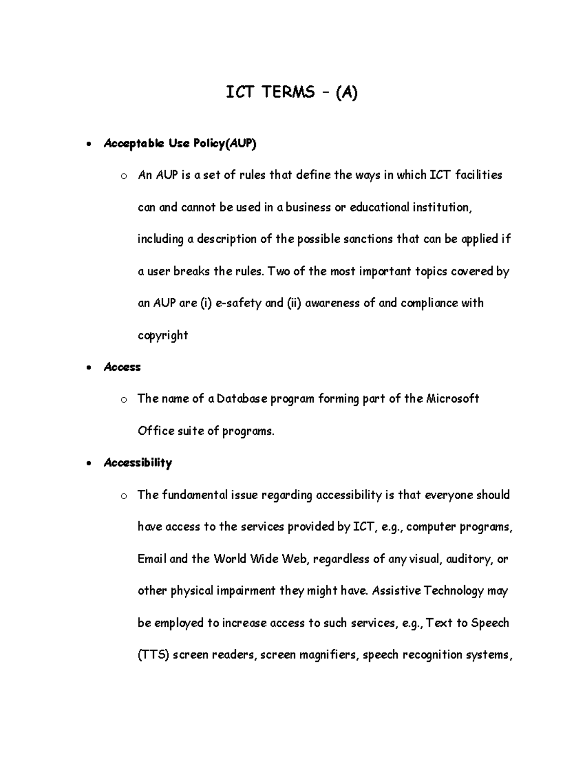 ICT Terms (A) ICT TERMS (A) Acceptable Use Policy(AUP) o An AUP is