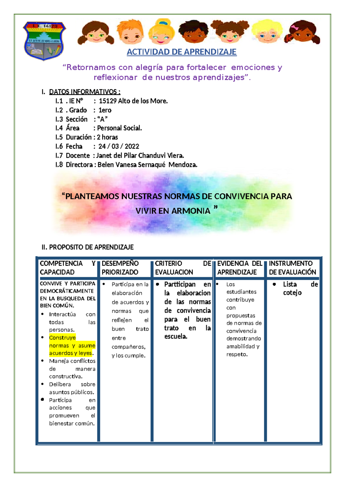 Sesion DE Aprendizaje 24 DE Marzo Normas DE Convivencia - ACTIVIDAD DE ...