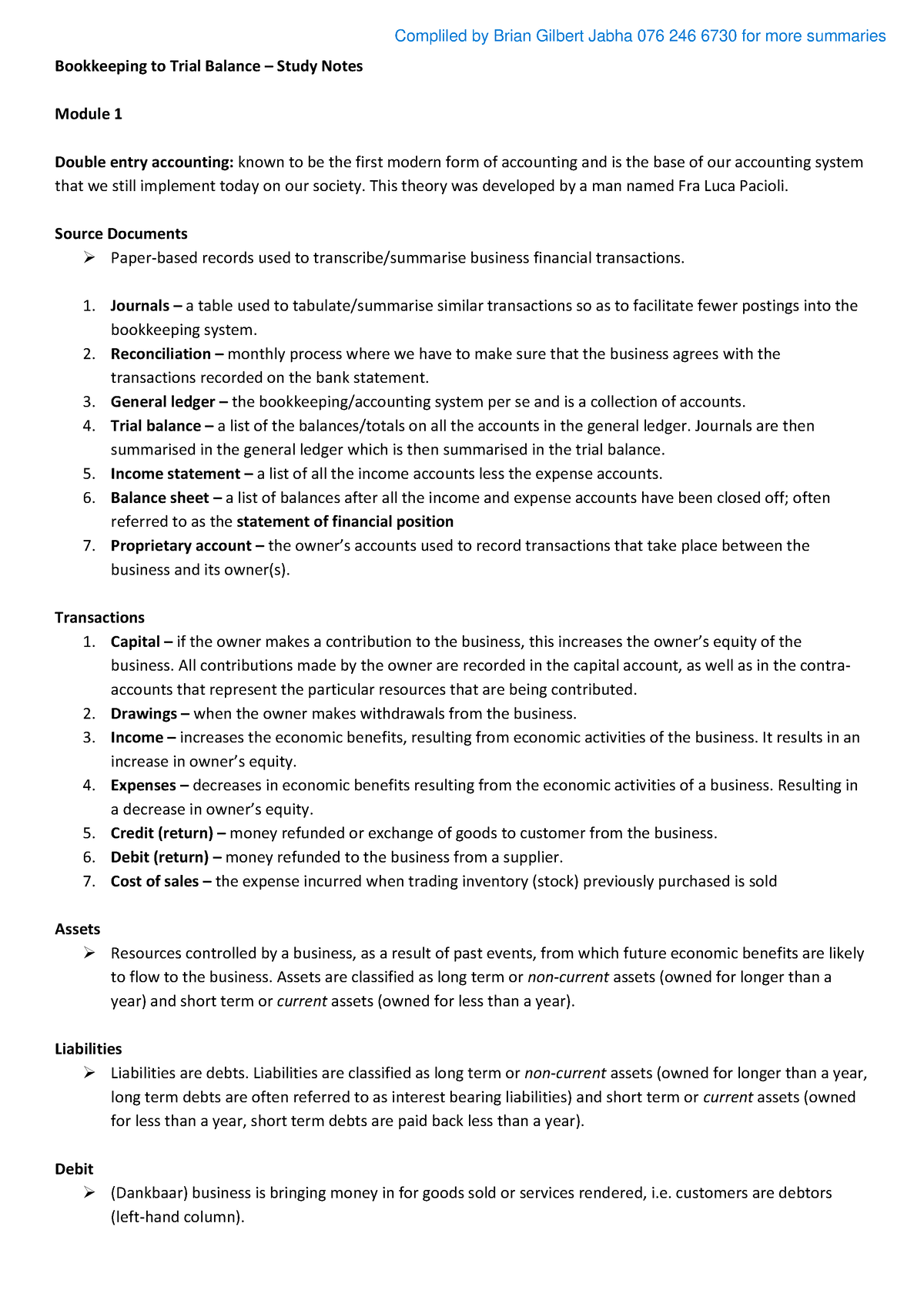 Bookkeeping to Trial Balance - Study Notes - Bookkeeping to Trial ...