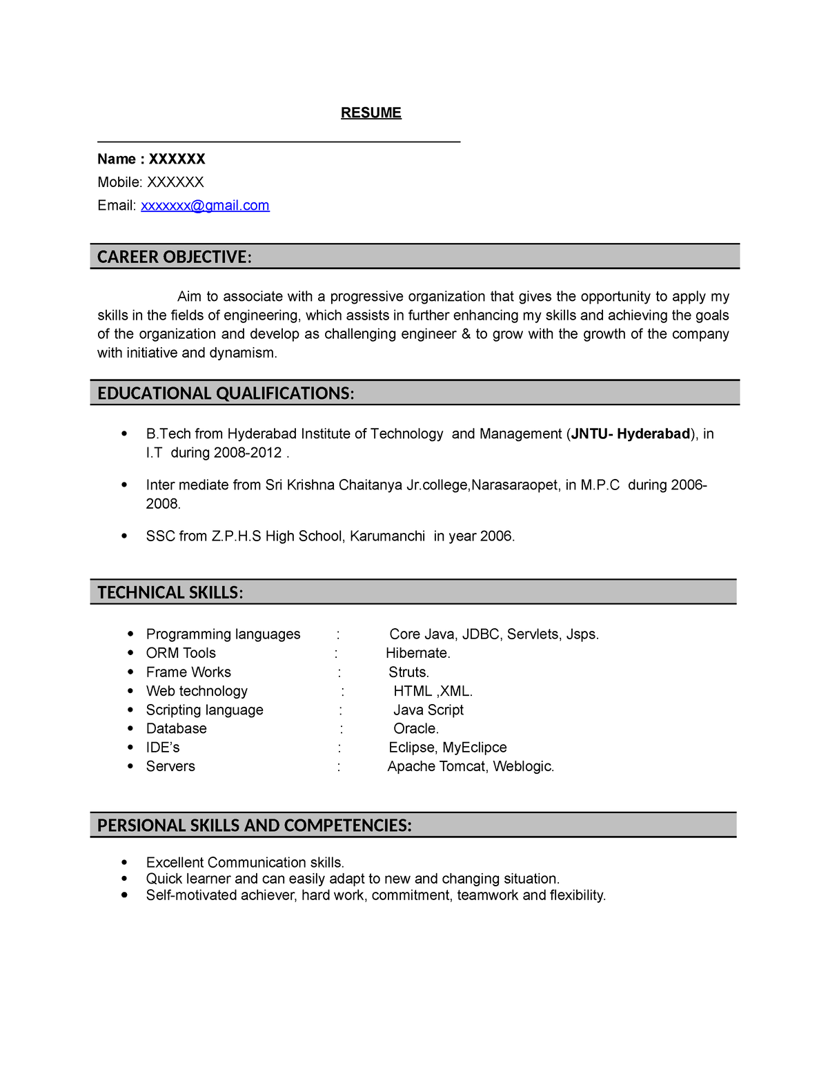 Java Fresher Resume d00c7877-564e-436e-8338-85d5ddb5a523 - RESUME Name ...