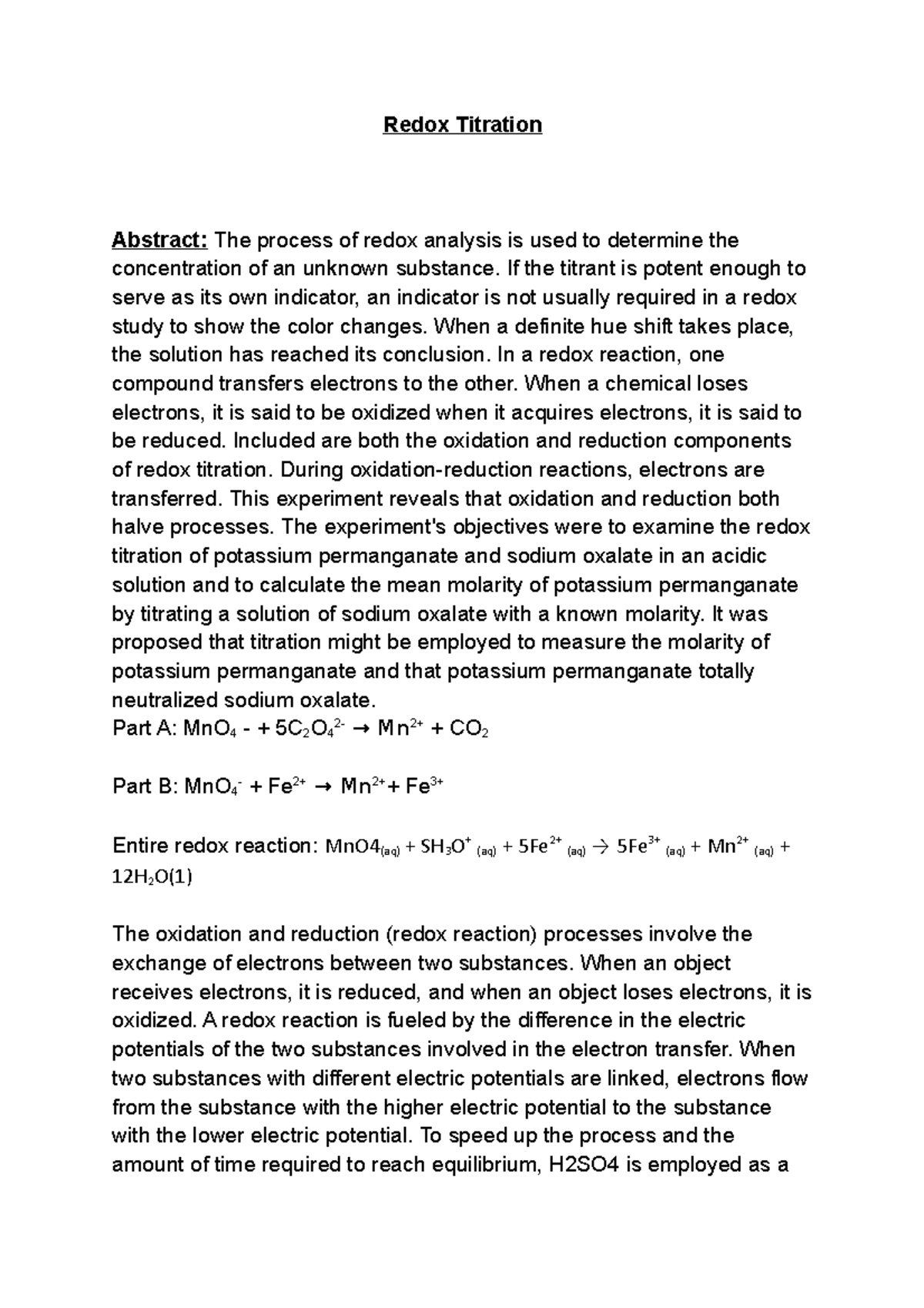 RT lab report Redox Titration Redox Titration Abstract The process