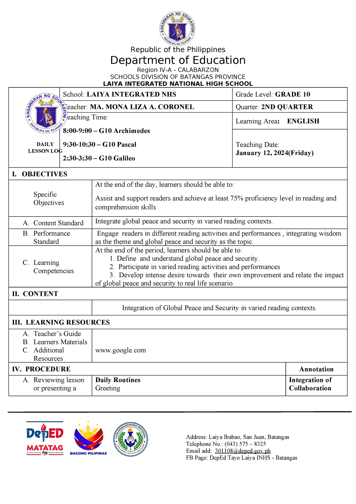 1DLL Catch Up Jan 12 - Department Of Education Region IV-A - CALABARZON ...