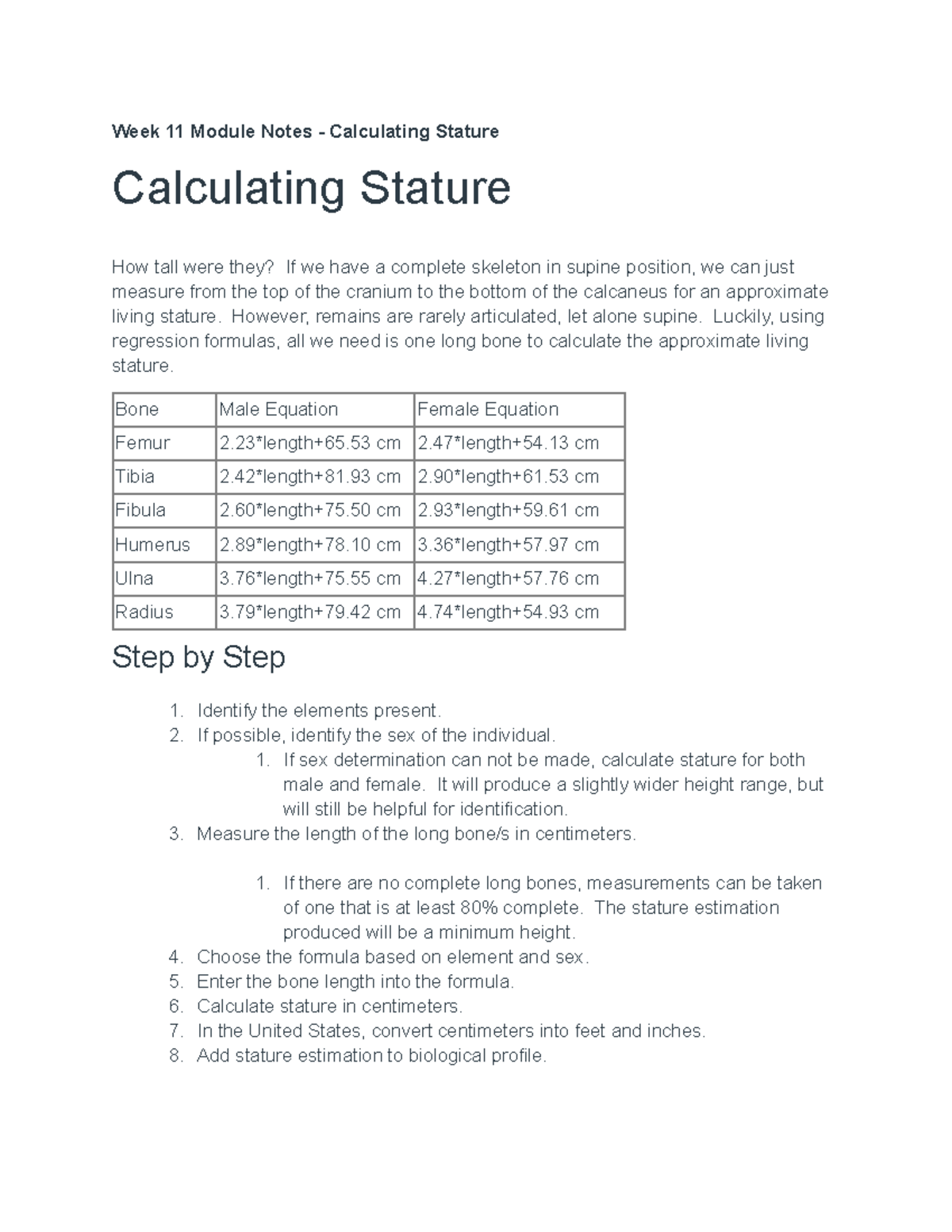 Week 11 Module Notes Calculating Stature Google Docs Week 11