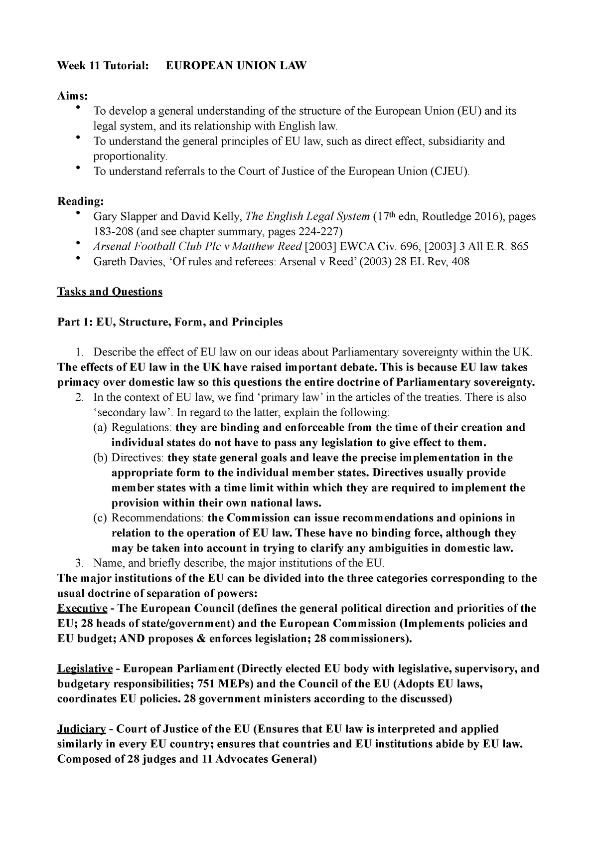 EU Law - Tutorial - Week 11 Tutorial: EUROPEAN UNION LAW Aims: - To ...