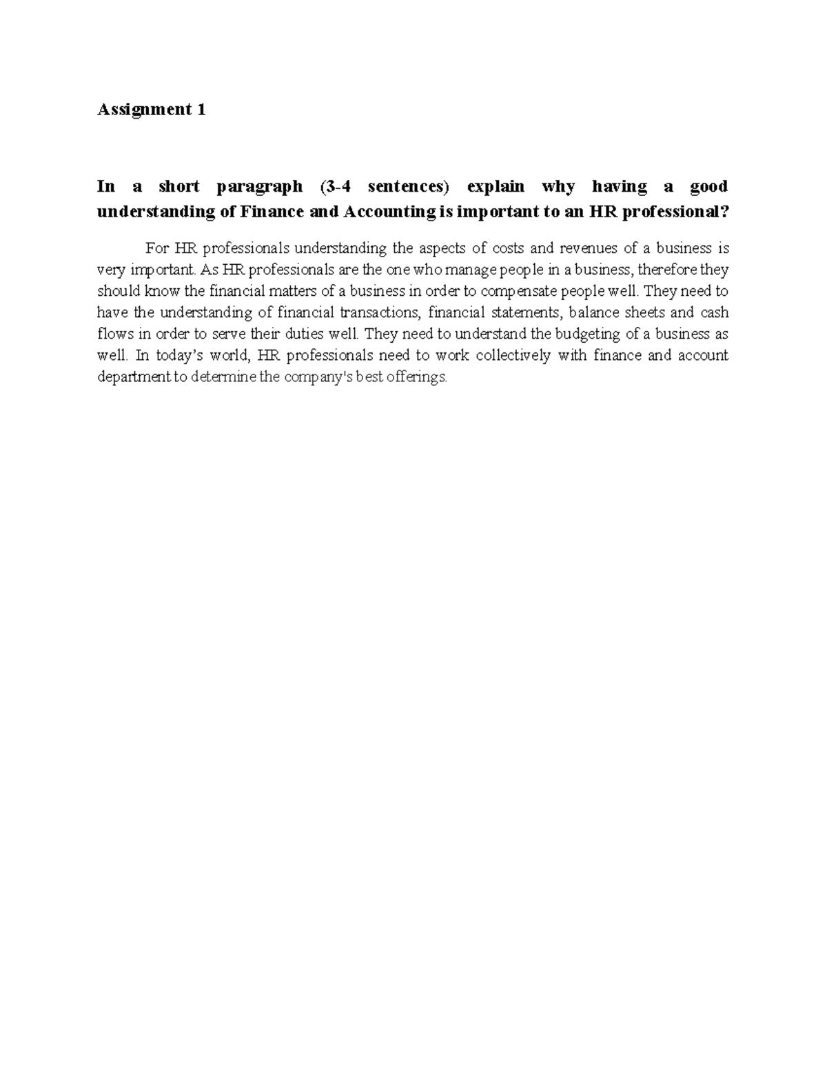 assignment 1 of Human Resource Management Finance - Assignment 1 In a ...