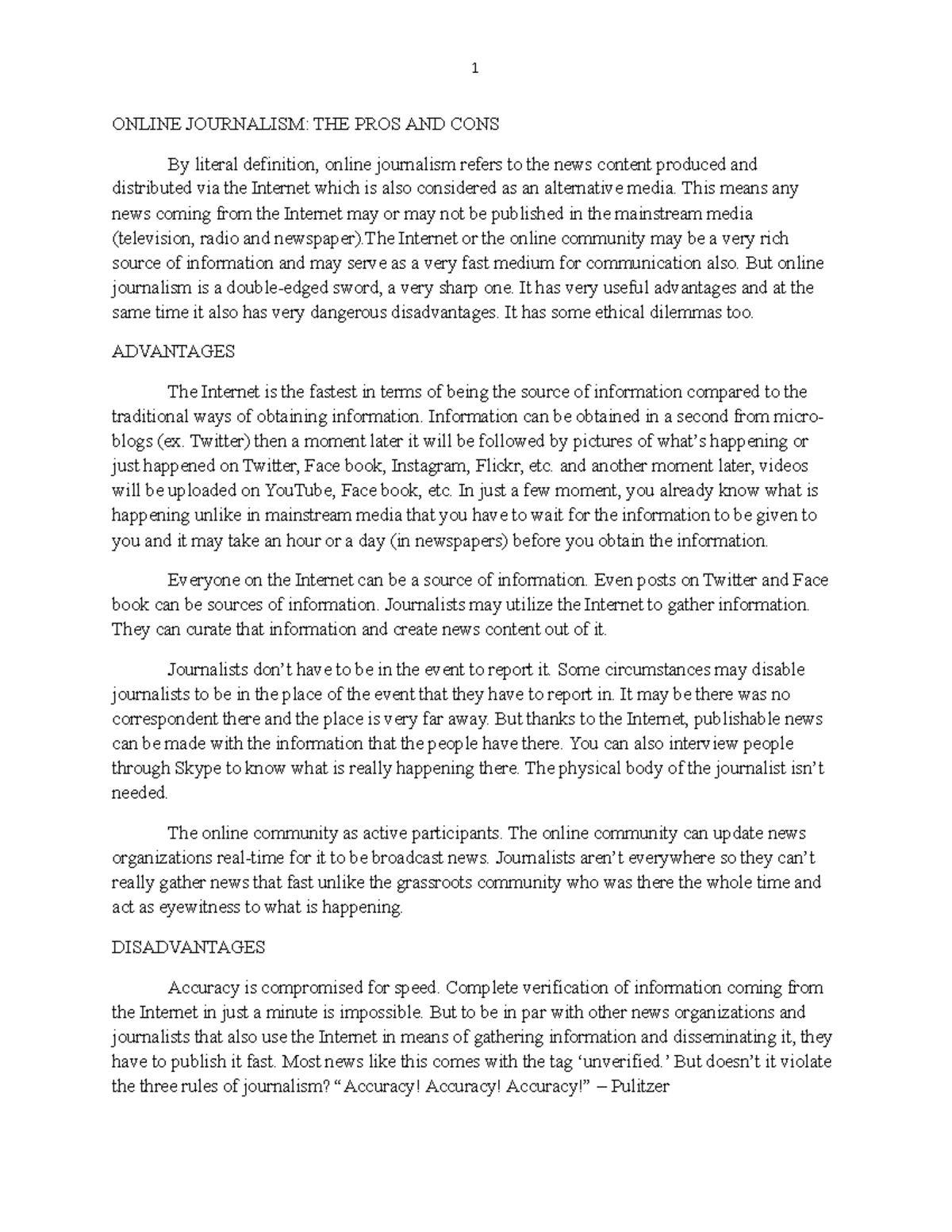 Online Journalism Its lecture notes 1 ONLINE JOURNALISM THE PROS