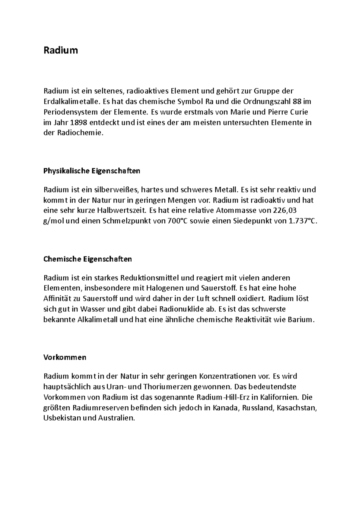 Radium - Chemie Wintersemester - Radium Radium ist ein seltenes ...