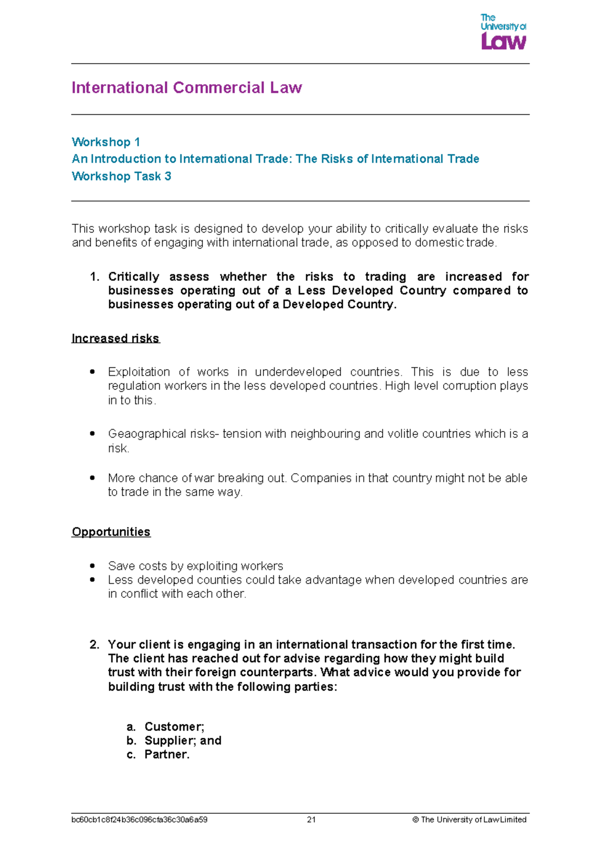 ICL ws1 task3 - Lecture notes - International Commercial Law Workshop 1 ...