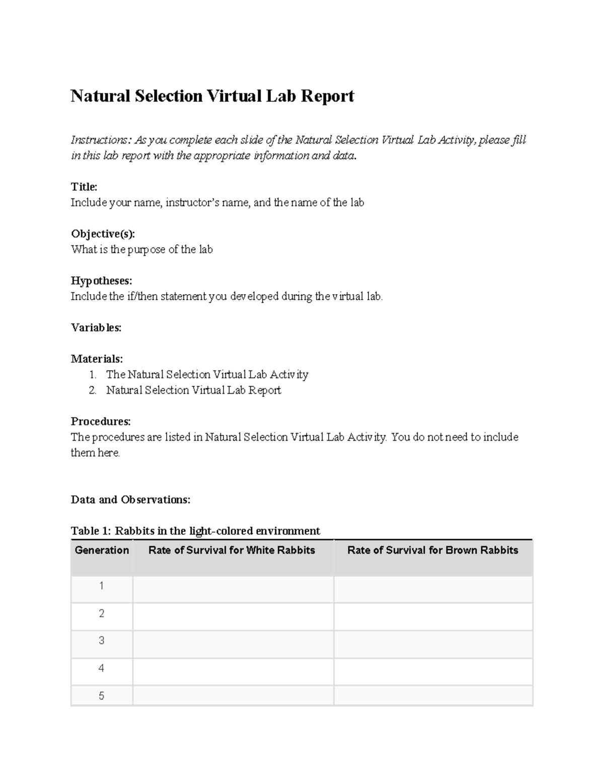 05 02 natural selection lab report Natural Selection Virtual Lab Report Instructions As you