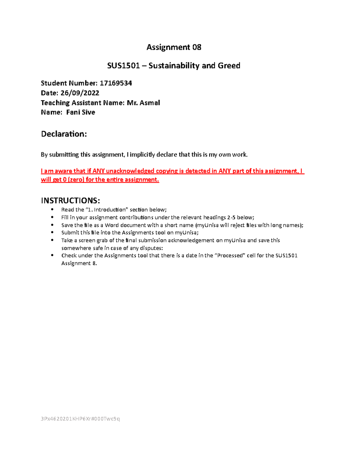 Sustanability1501 - Assignment 08 SUS1501 – Sustainability and Greed ...