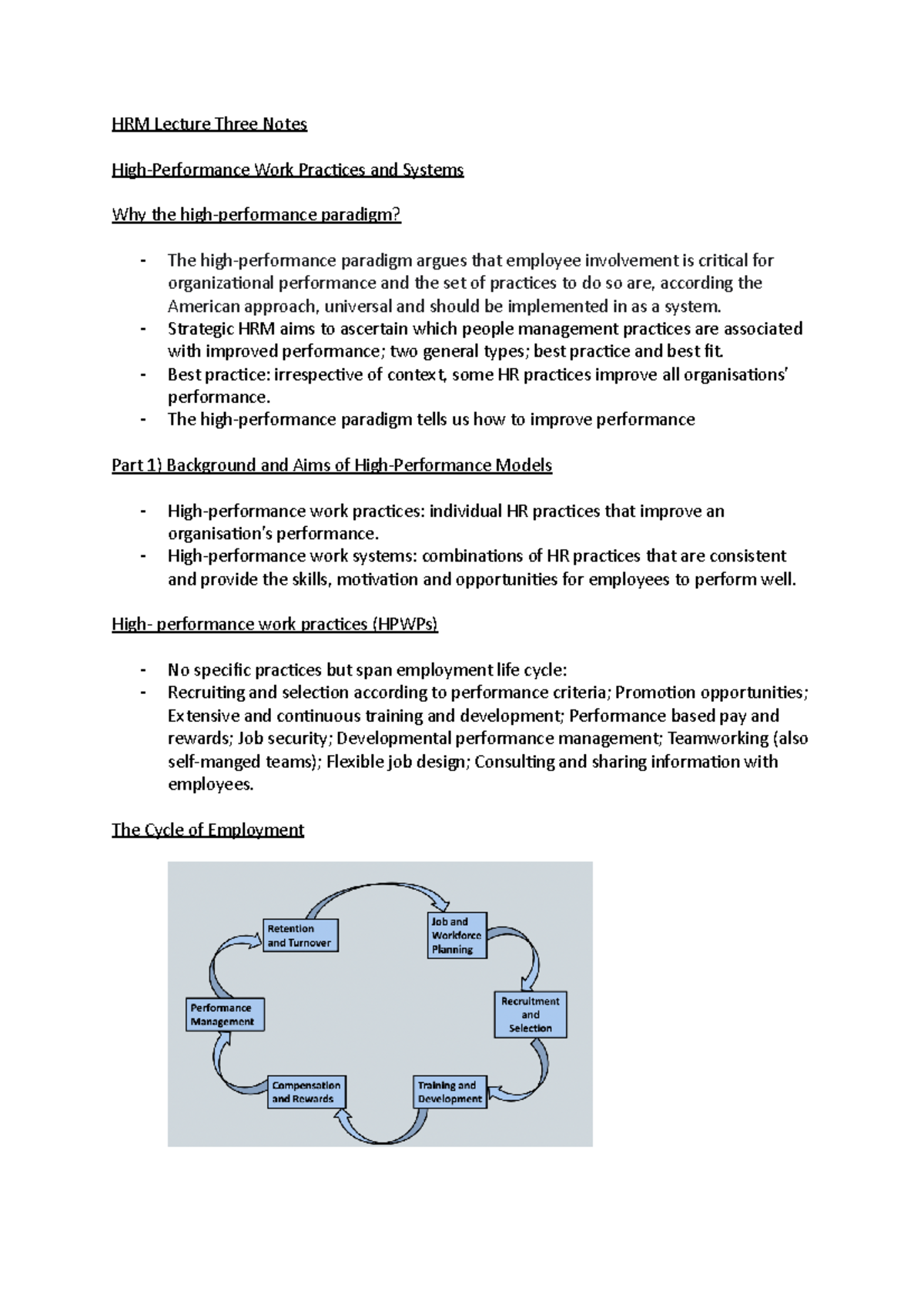 HRM Lecture Three Notes - HRM Lecture Three Notes High-Performance Work ...