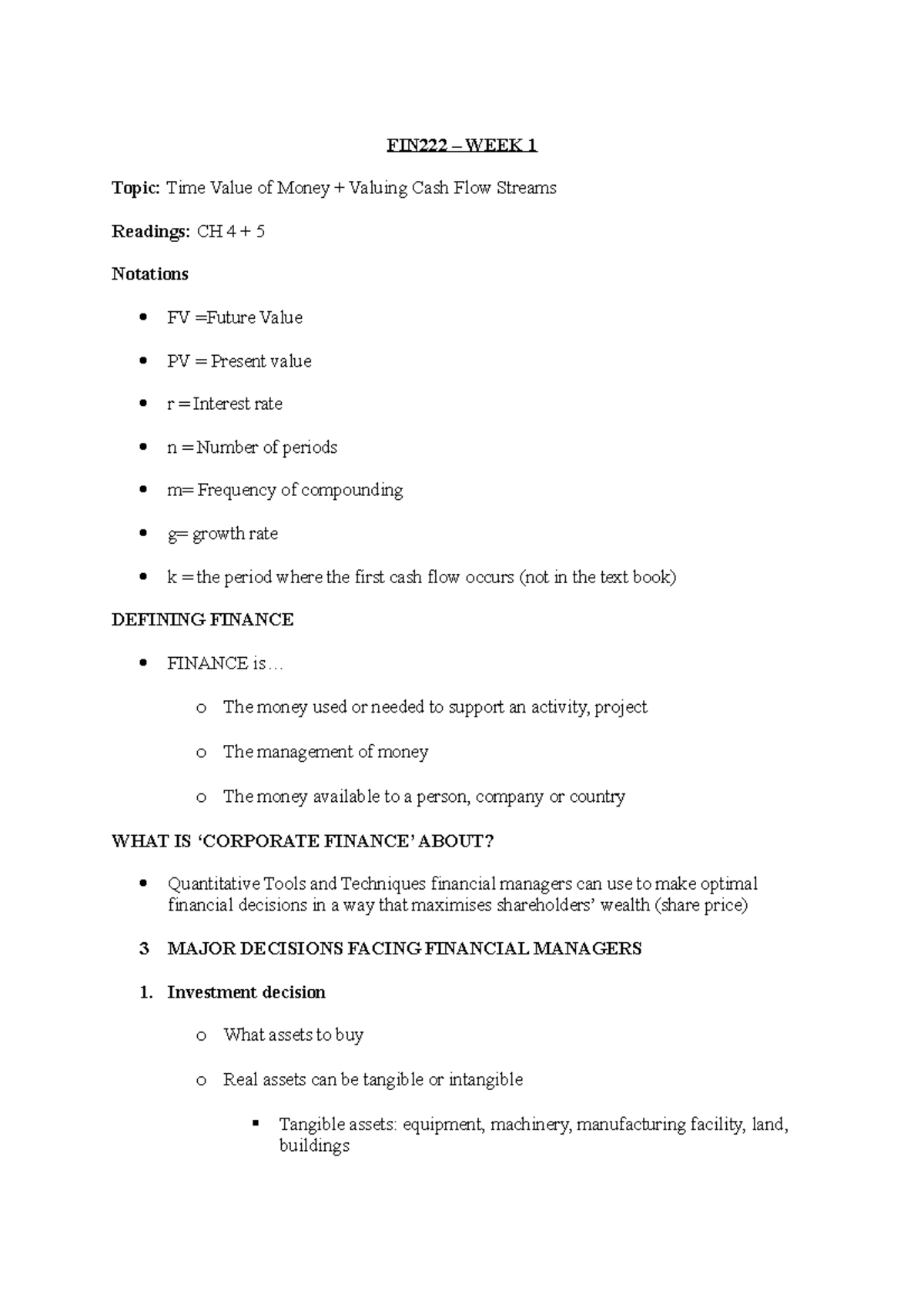 WEEK 1 - Time Value of Money + Valuing Cash Flow Streams FIN222 ...
